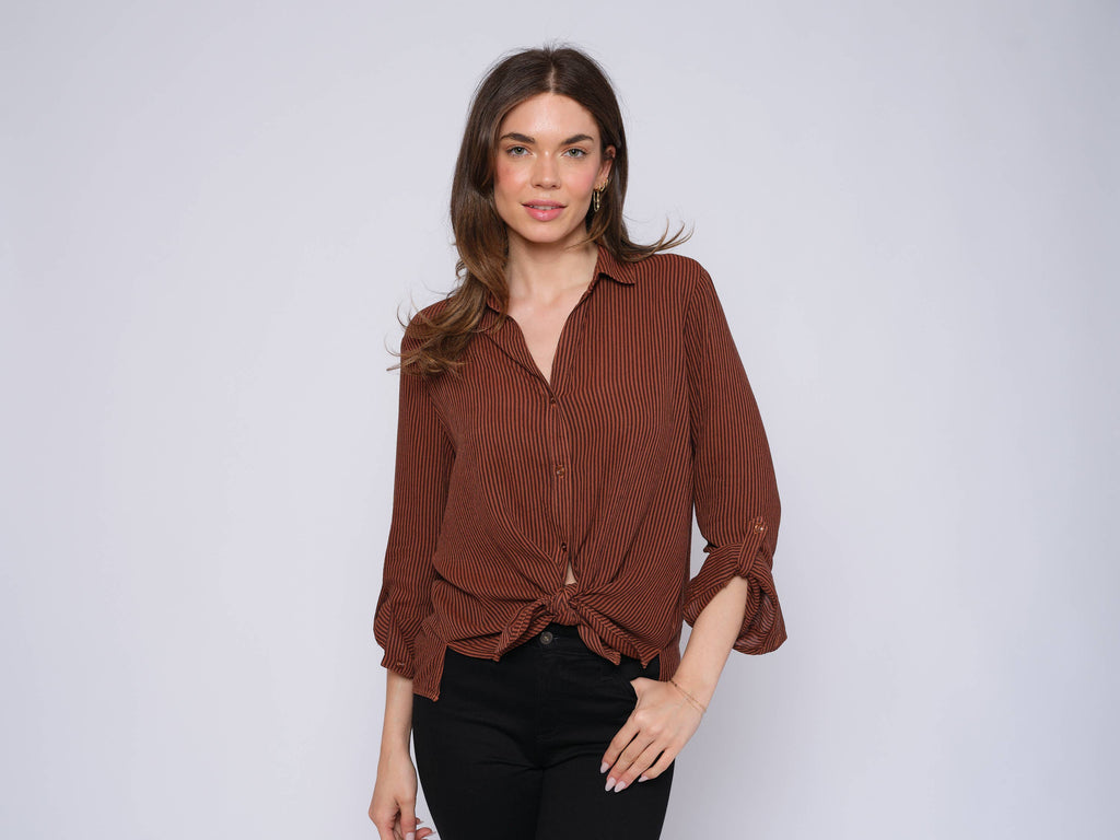 Cargo Pocket Top: Striped Cognac