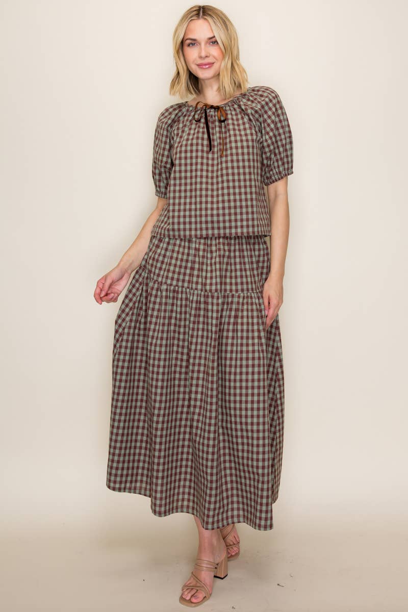 Gingham Top and Skirt Set: Mint/Chocolate
