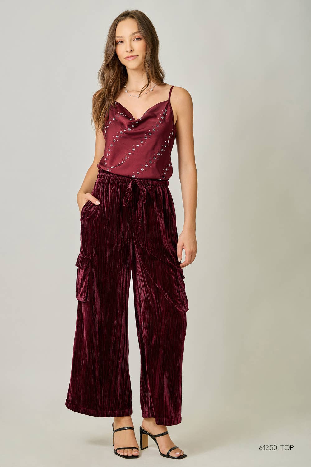 Crinkle Velvet Wide Leg Cargo Pants
