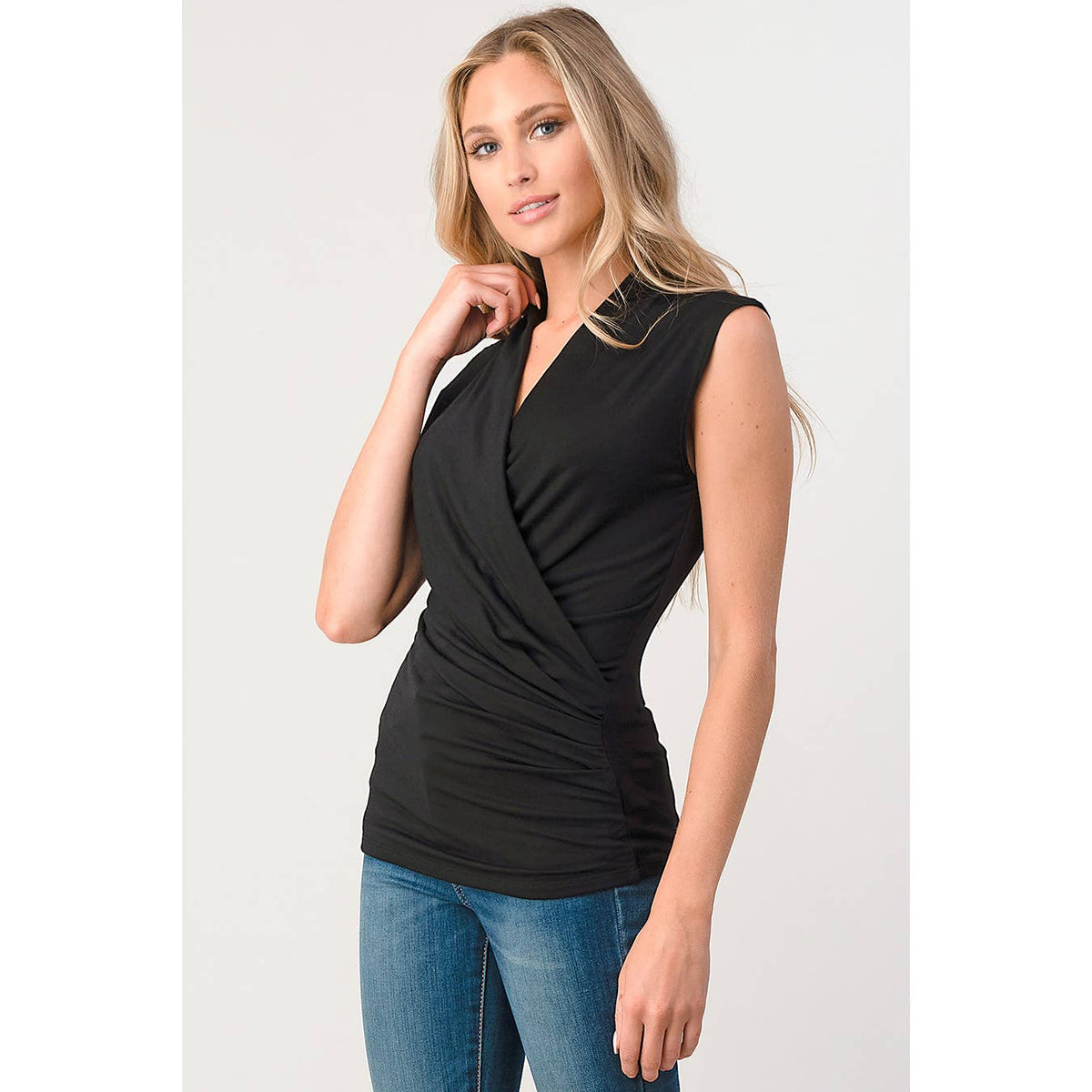 Surplice Sleeveless Knit Top: Black