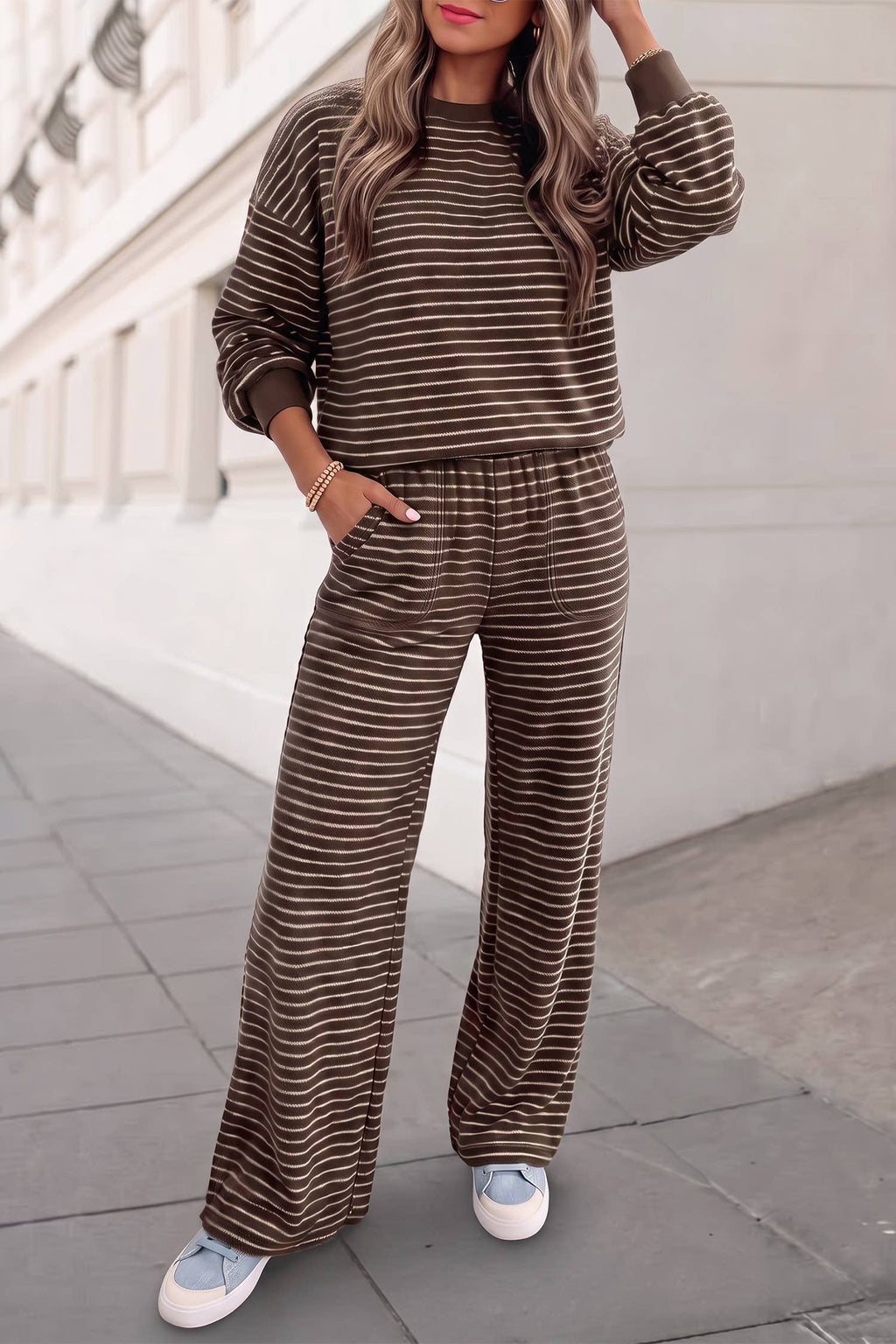 Brown Striped Pullover Set