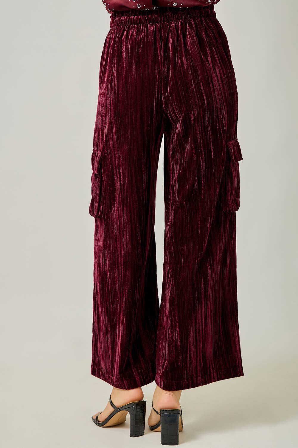 Crinkle Velvet Wide Leg Cargo Pants