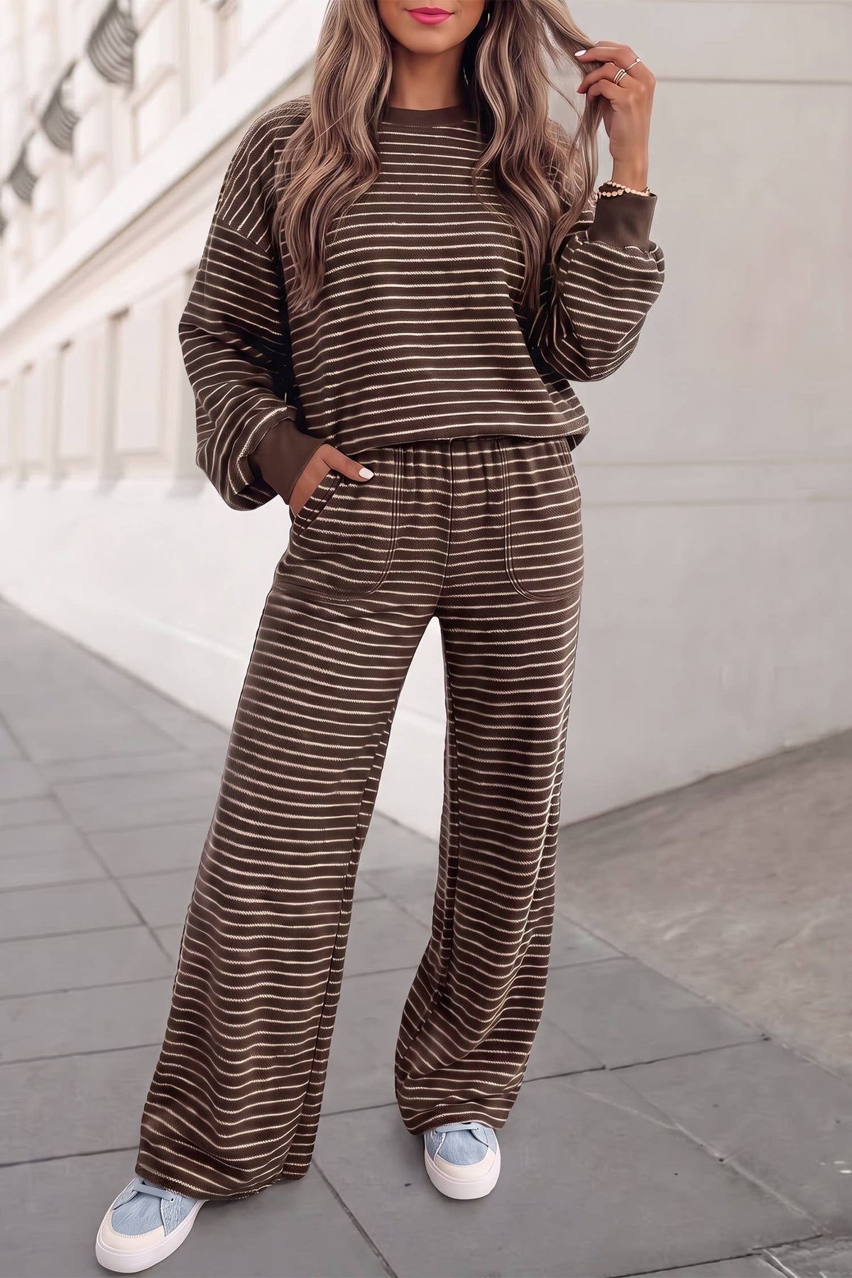 Brown Striped Pullover Set