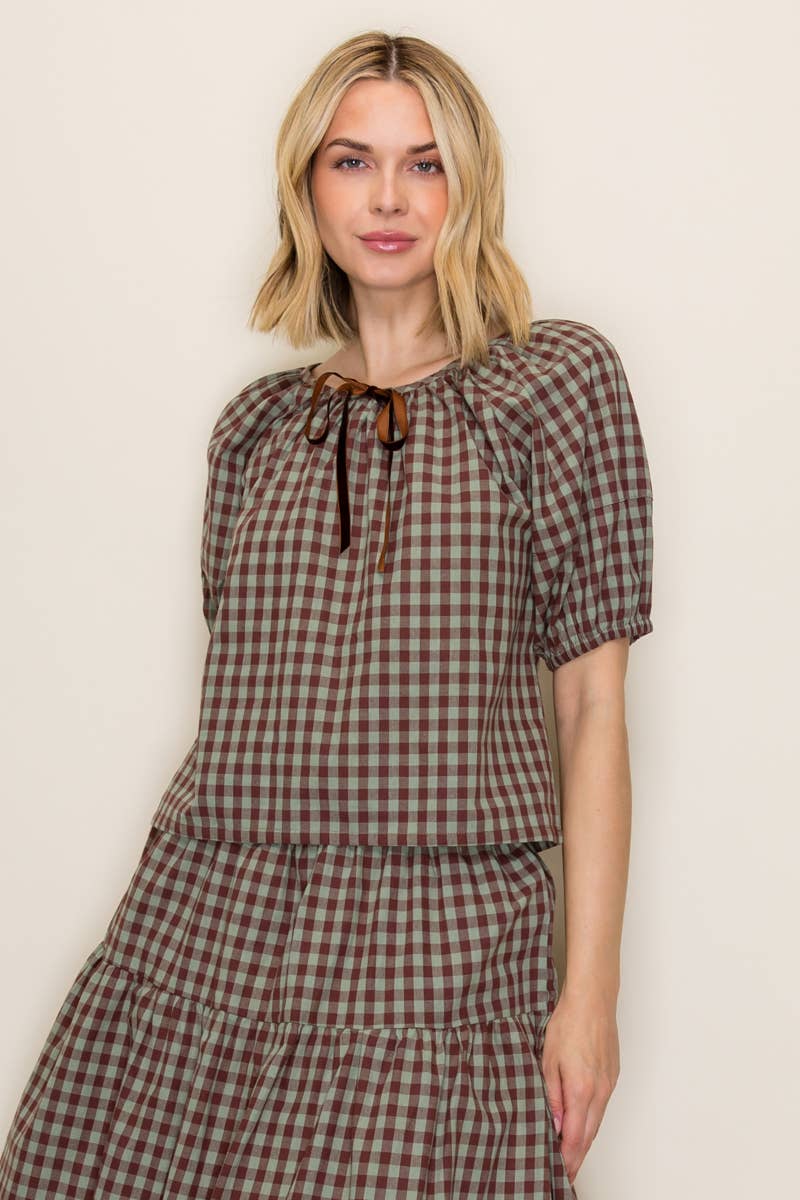 Gingham Top and Skirt Set: Mint/Chocolate