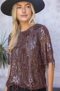 37226 Round Neck Short Sleeve Sequin Top