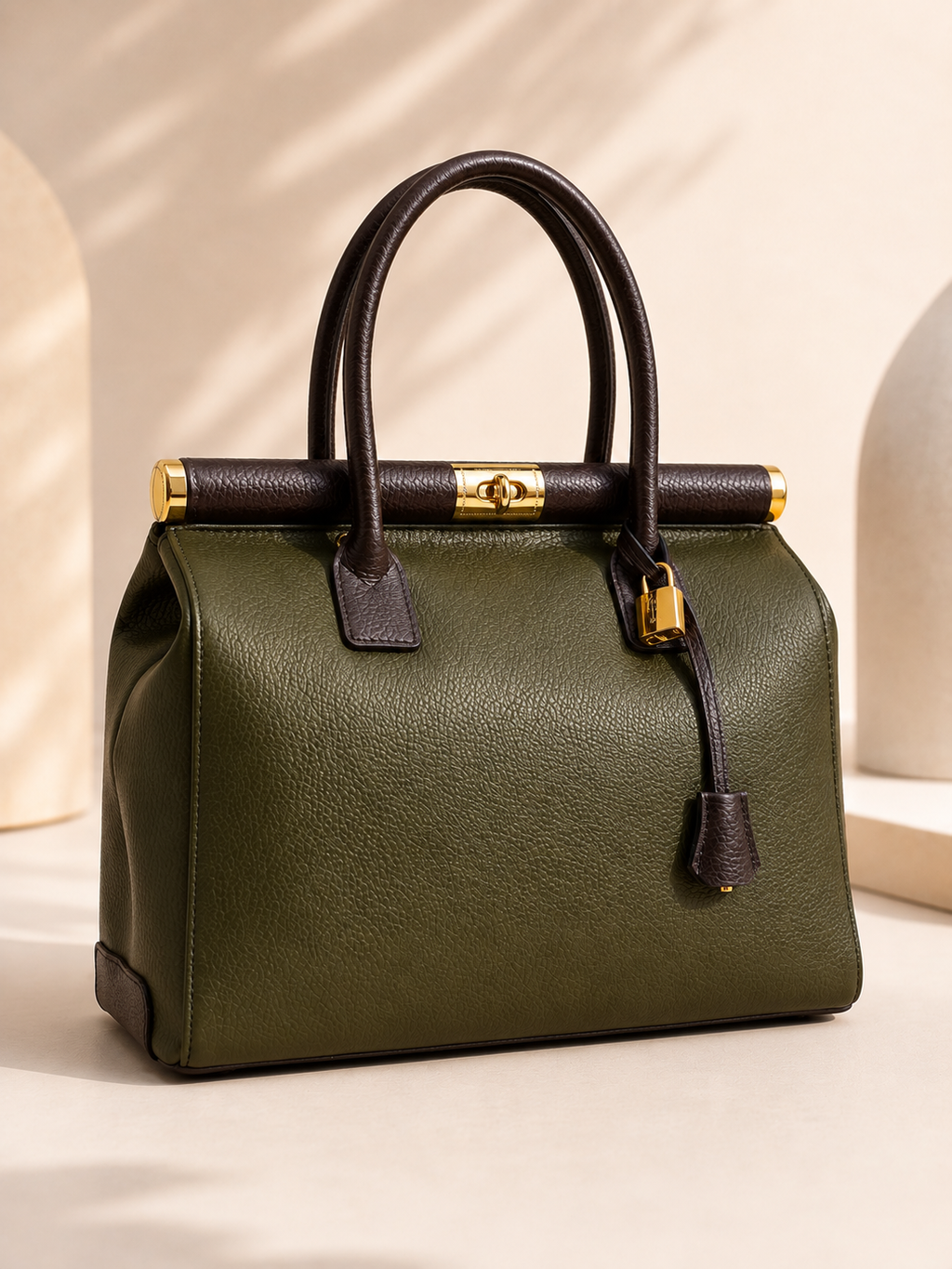 Italian Leather Handbag- Khaki & Dark Brown