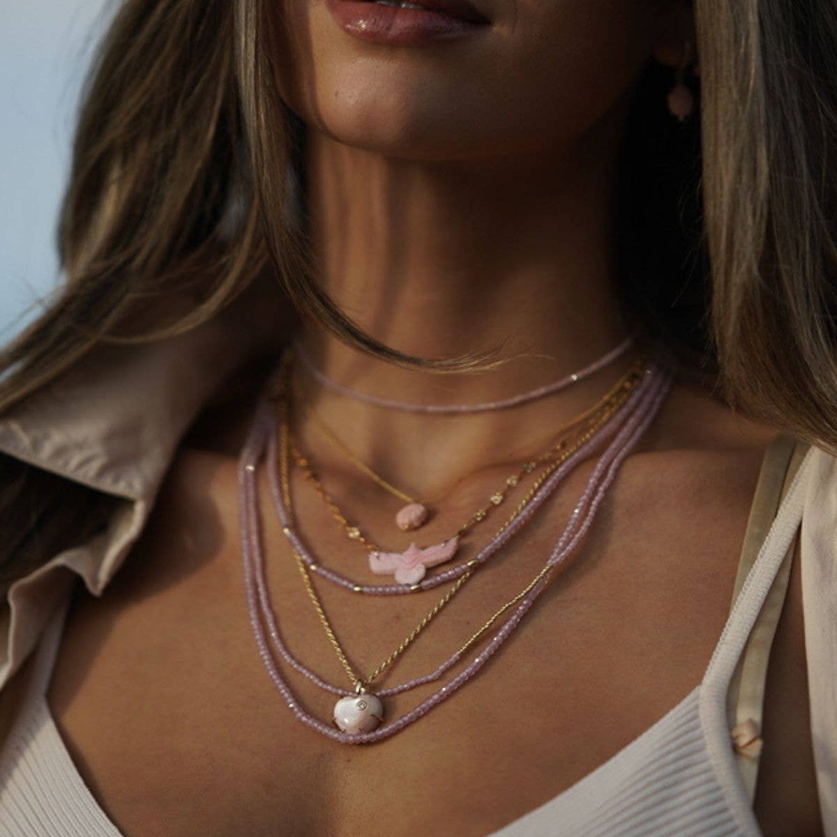 Lover Heart Charm Necklace - Pink Shell