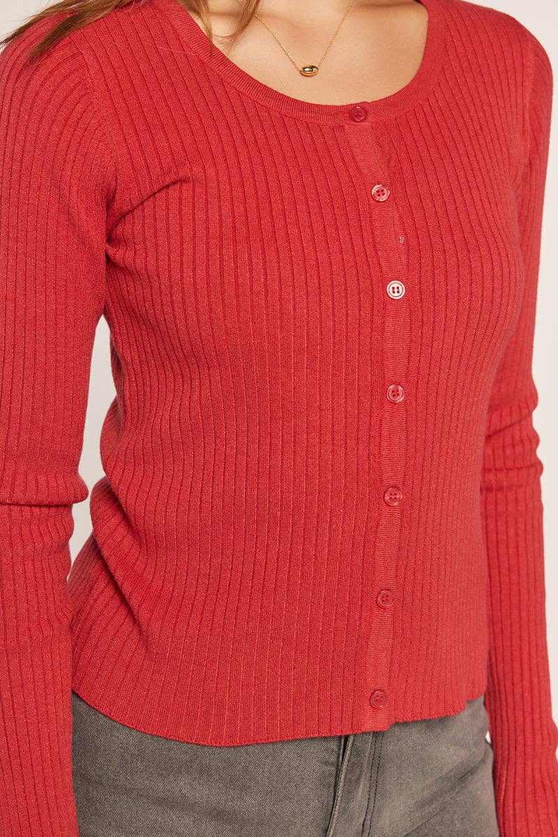 Red Ribbed Button Down Cardigan