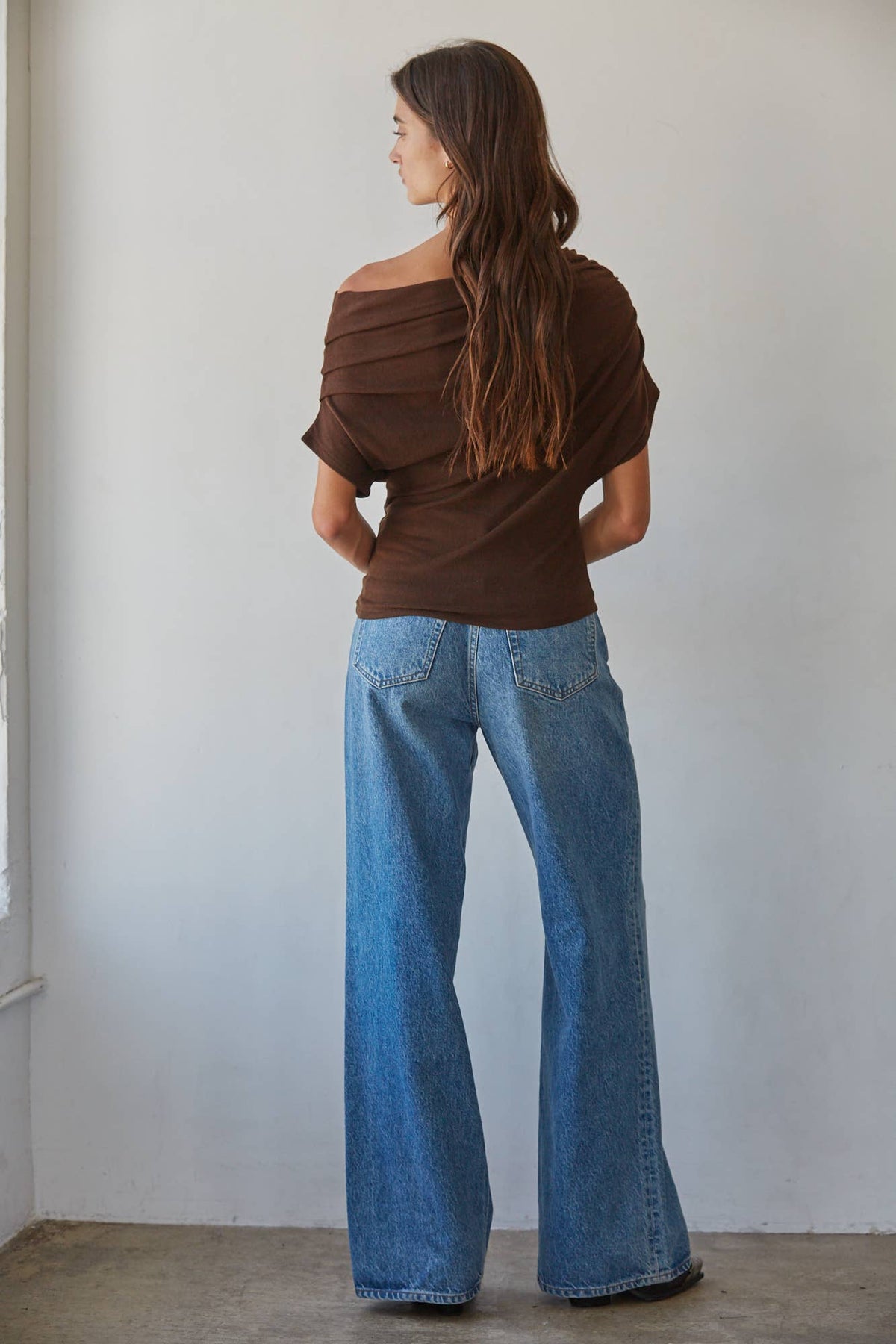Off Shoulder Drape Top: Brown