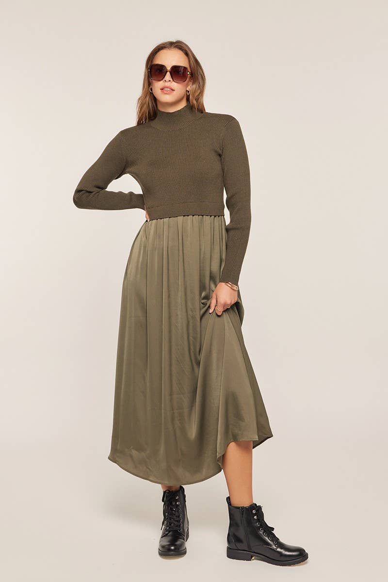 Mixed Media Sweater Dress: Olive