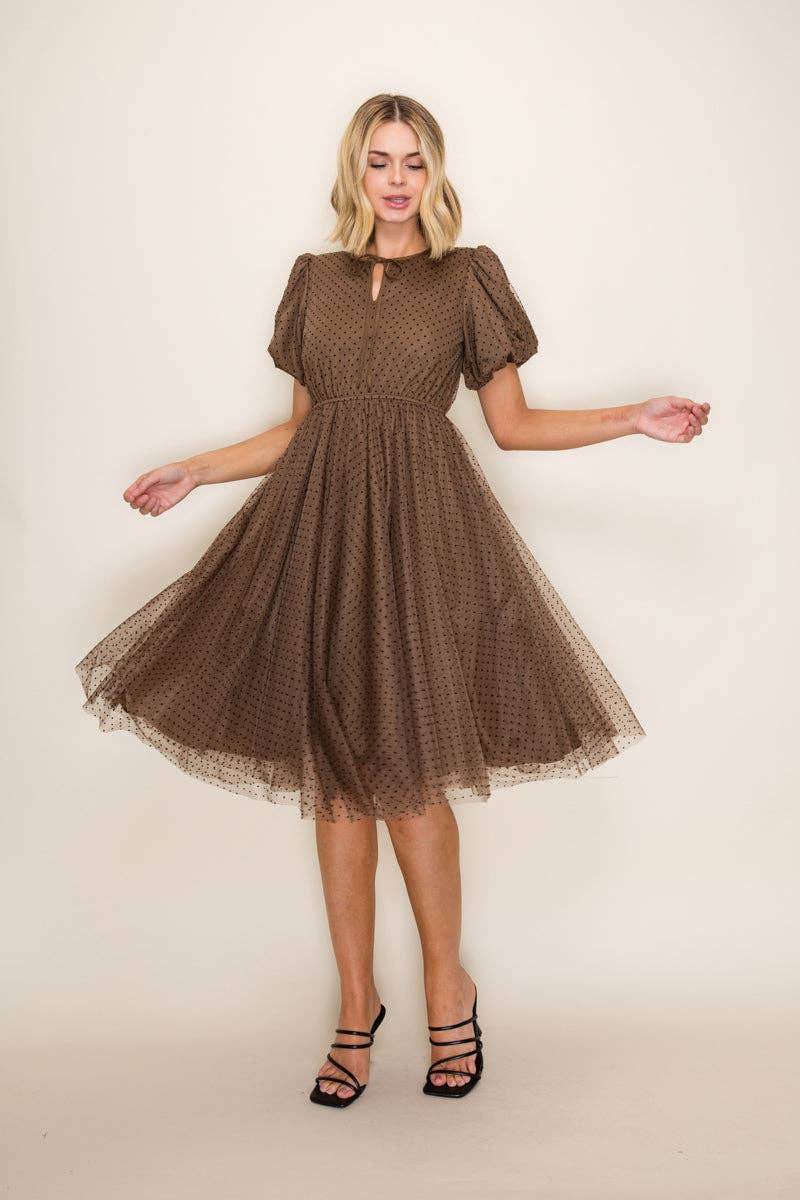Classic Polka Dot Mesh Midi Dress: Mocha