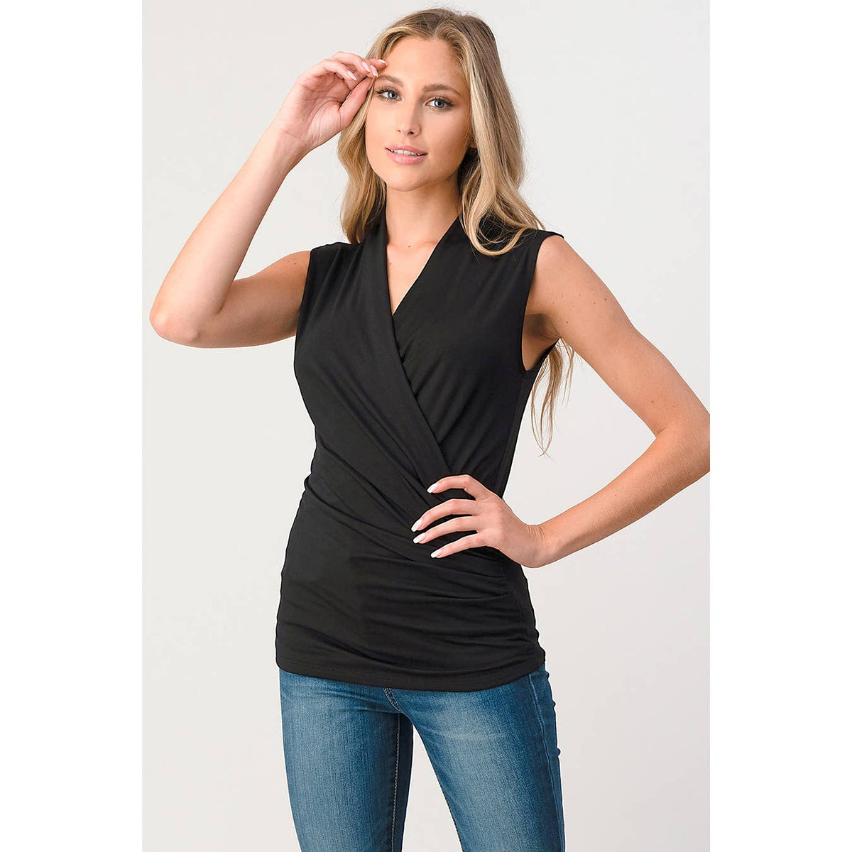 Surplice Sleeveless Knit Top: Black
