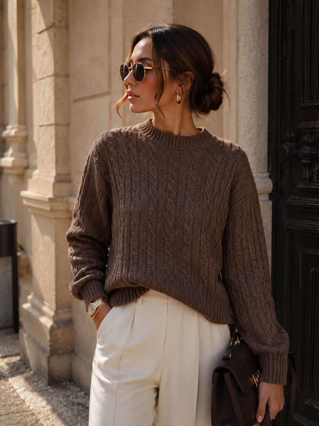 Signature Cable Knit Sweater: Brown