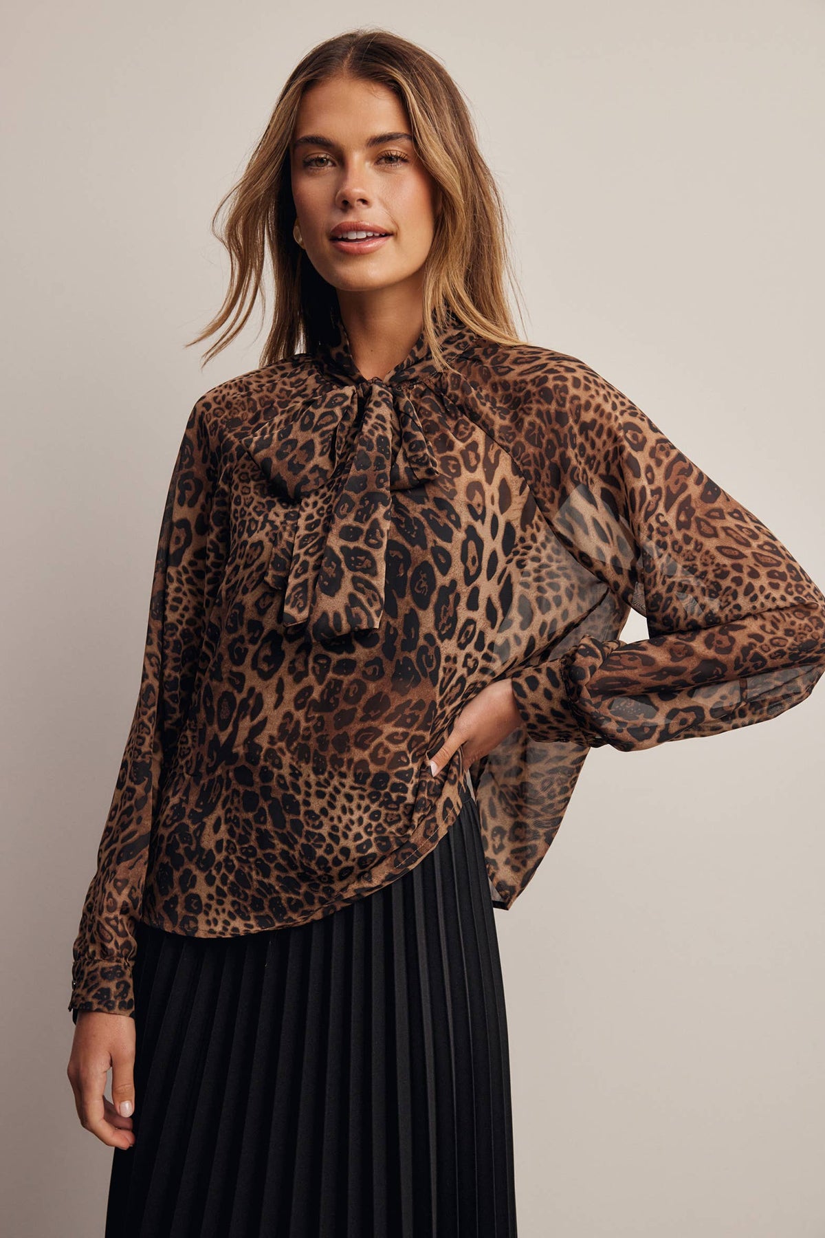 Animal Print Tie Neck Chiffon Blouse