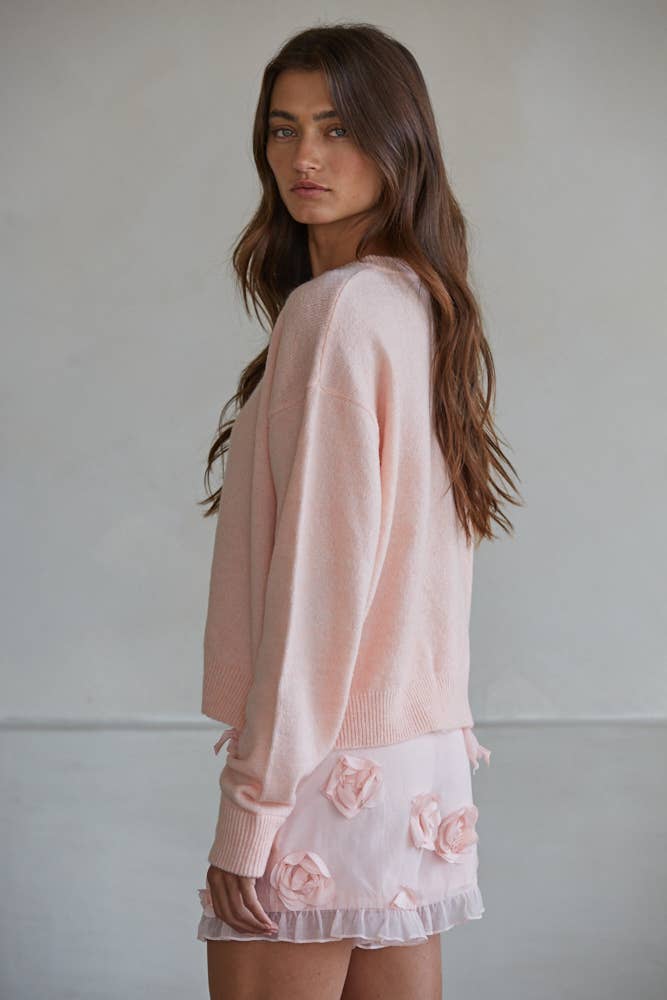 Knit Sweater Crew Neck Cardigan- Light Pink