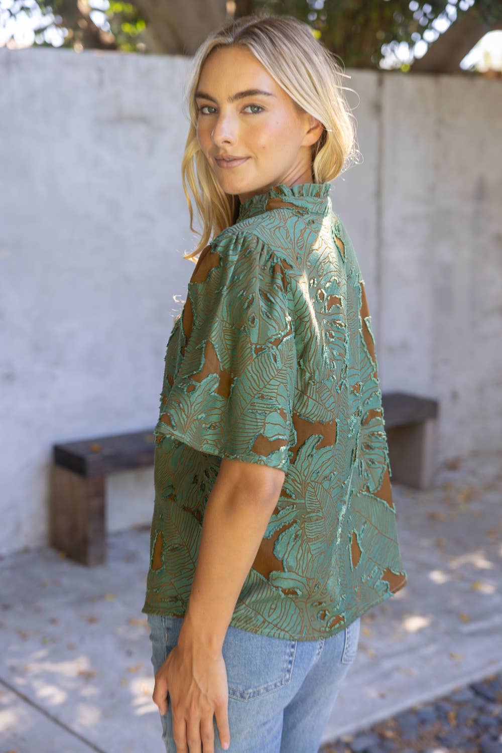 37219 Ruffled V-Neck Floral Burnout Top