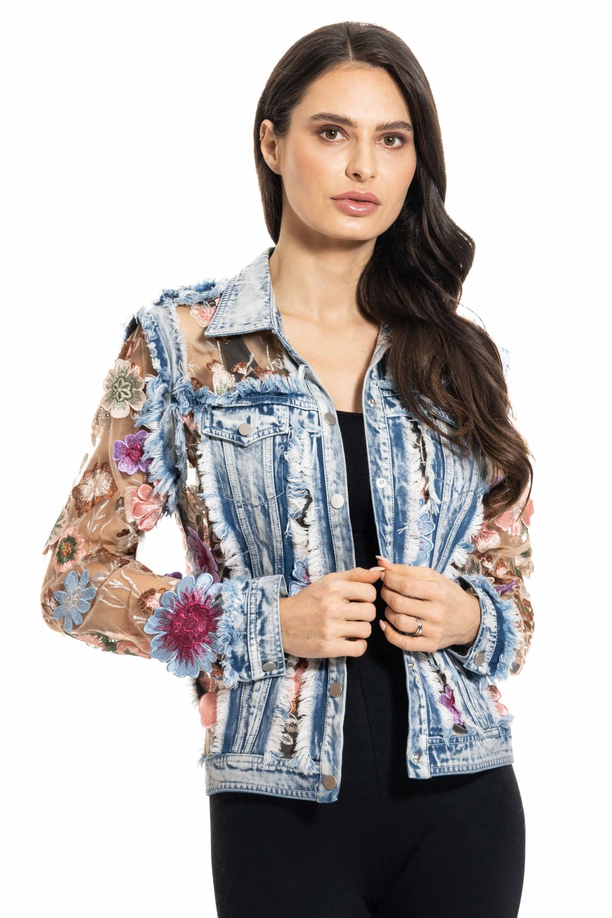 Denim and Lace Embroidered Jacket