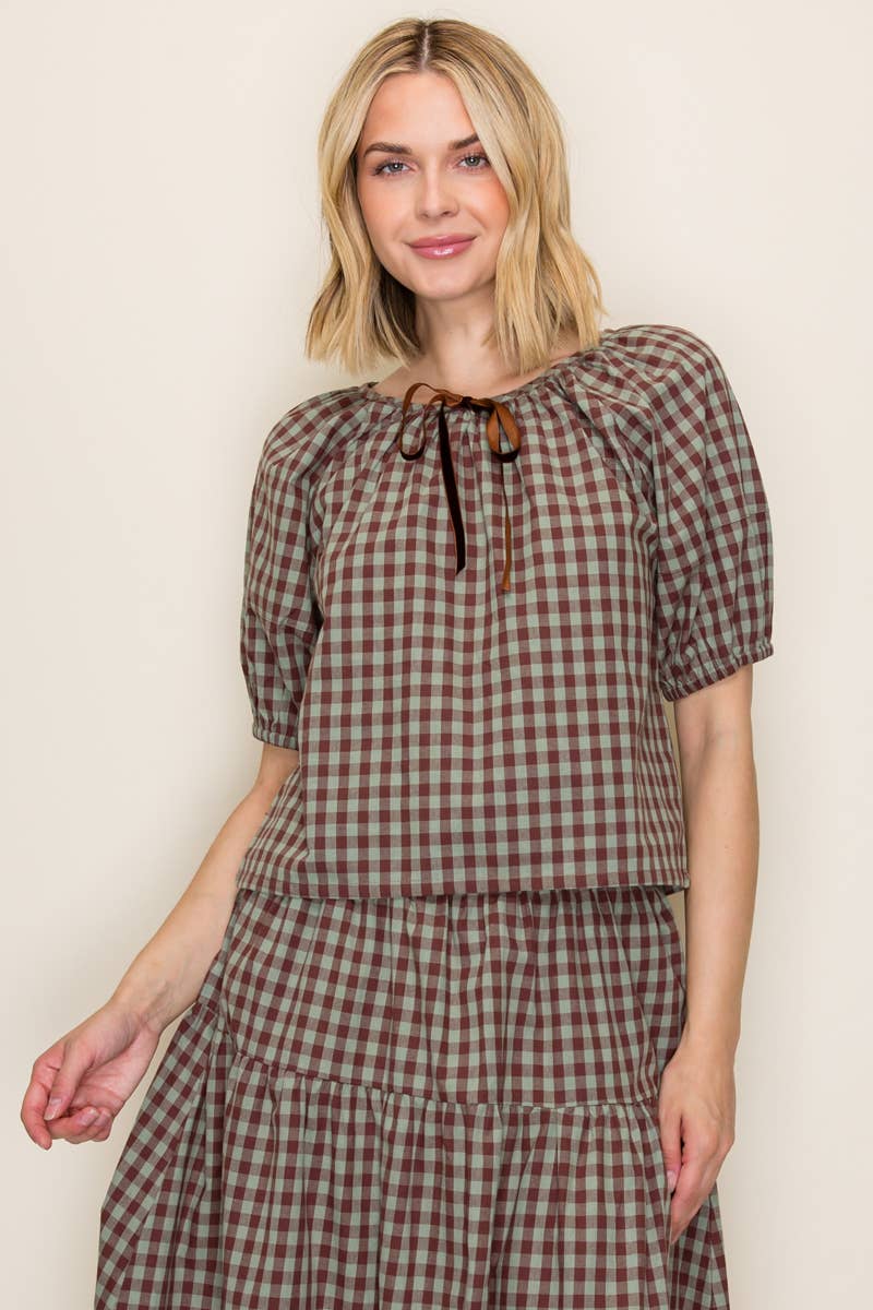 Gingham Top and Skirt Set: Mint/Chocolate