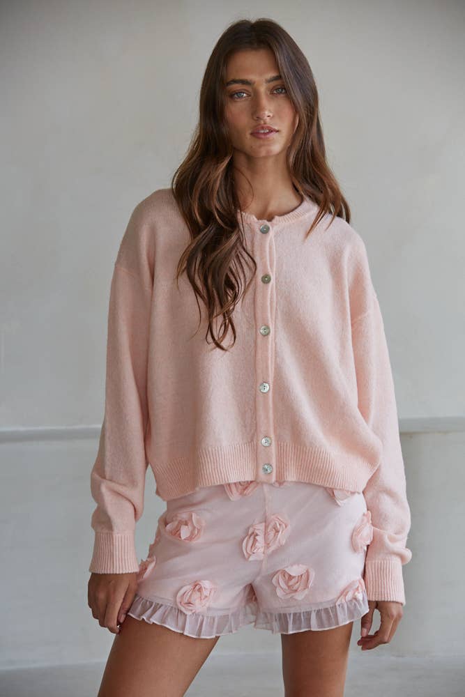 Knit Sweater Crew Neck Cardigan- Light Pink