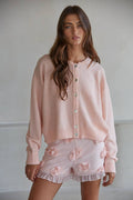 Knit Sweater Crew Neck Cardigan- Light Pink