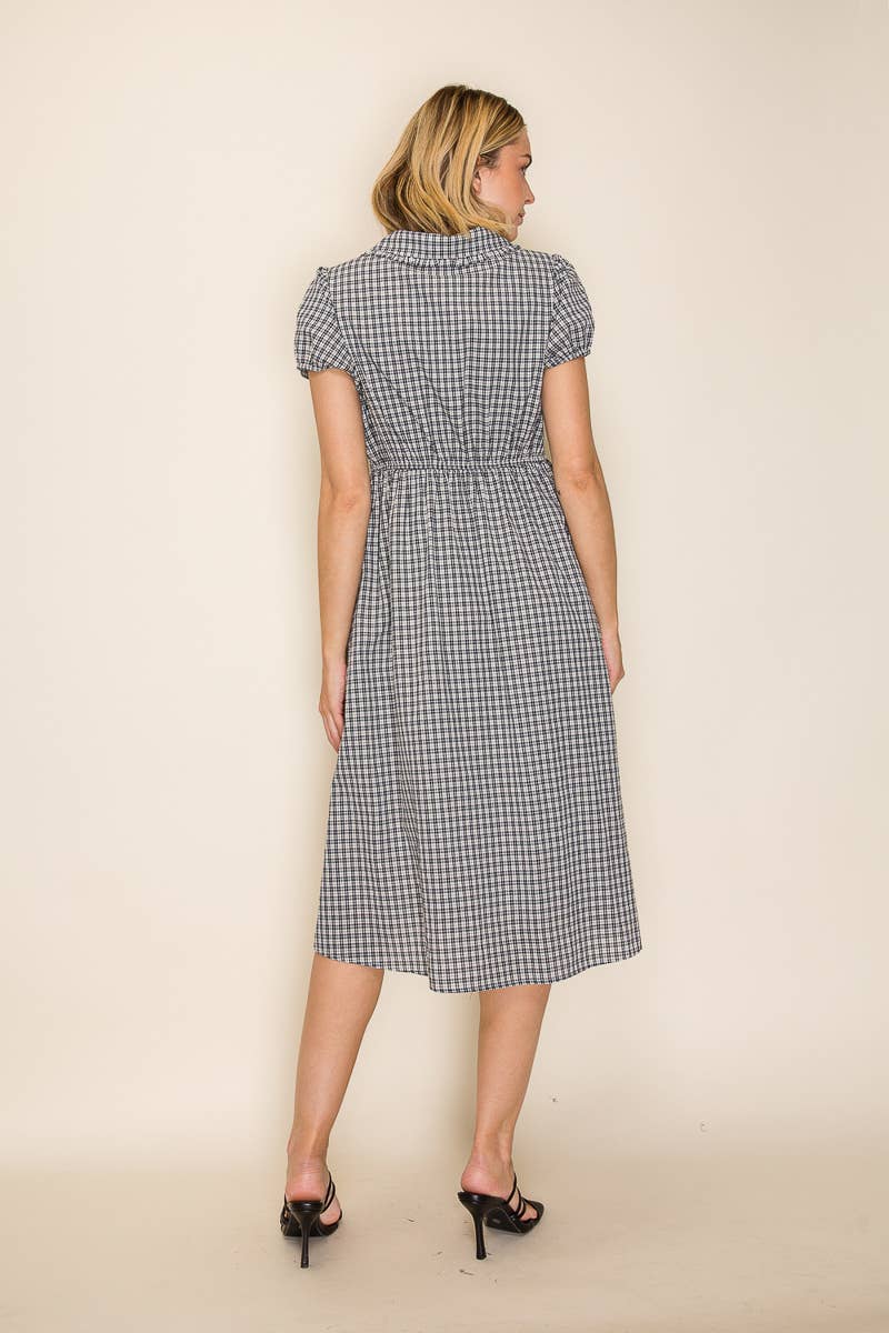 Collared Gingham Button Down Dress: Navy