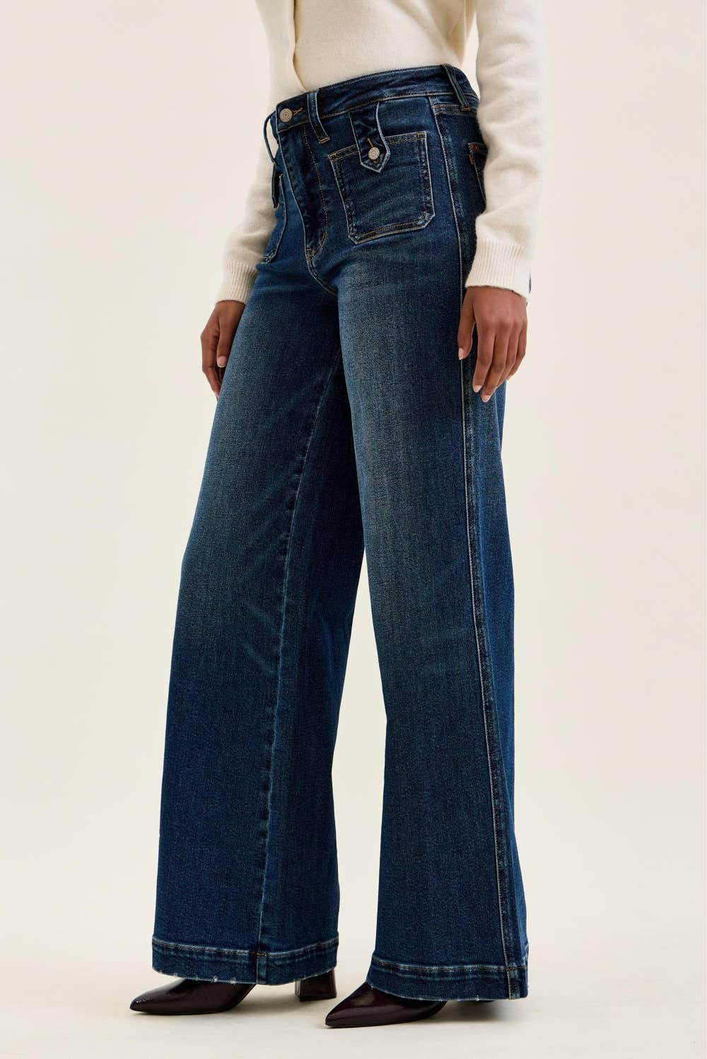Wide Leg w/ Front Tab Closure Jeans: Fade Indigo