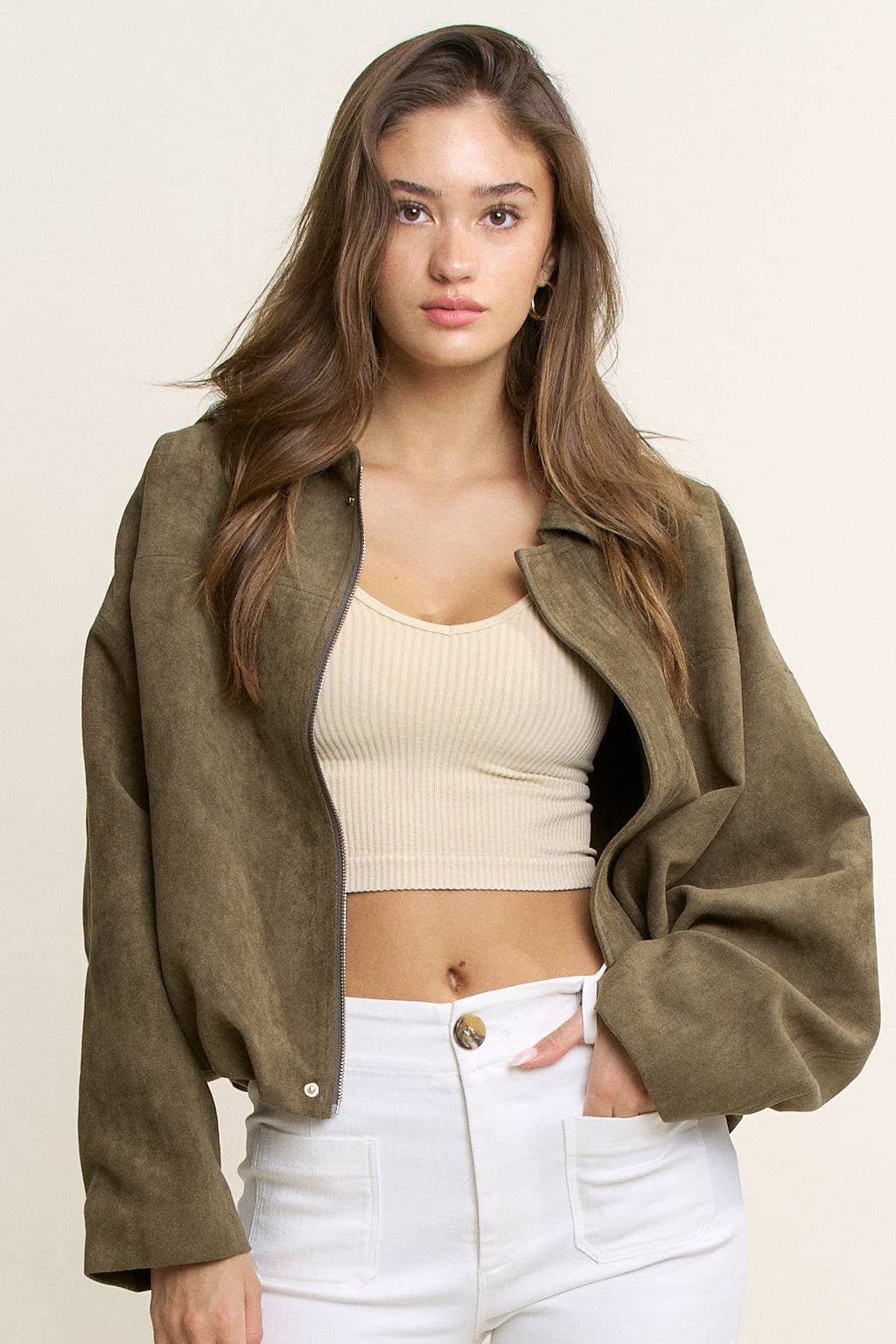 Suede Bomber Jacket: Olive