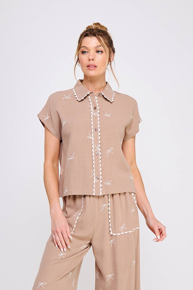 Bow Embroidered Soft Linen Button Down