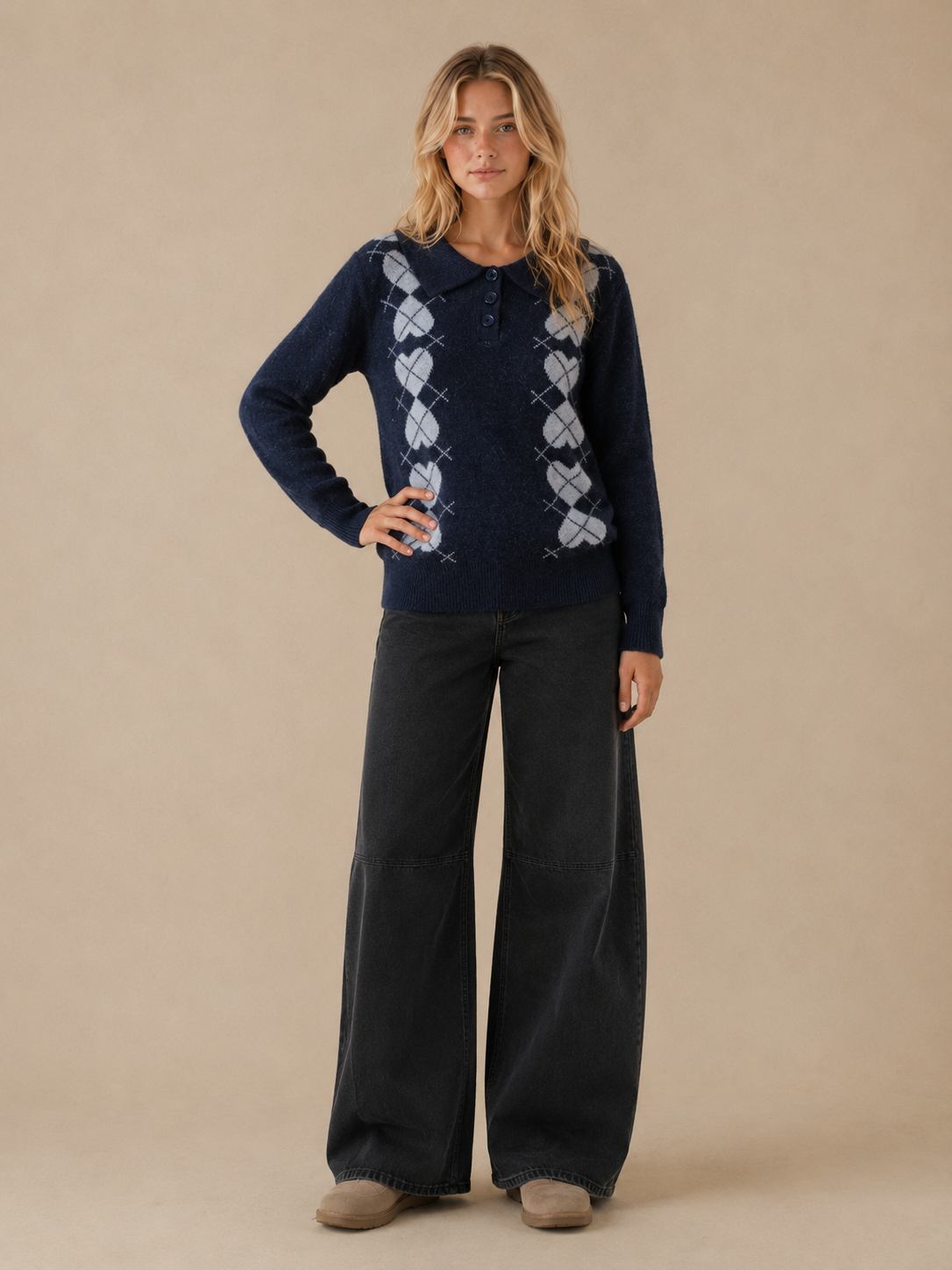 SA10042T - Argyle Heart Knit Polo Sweater: NAVY