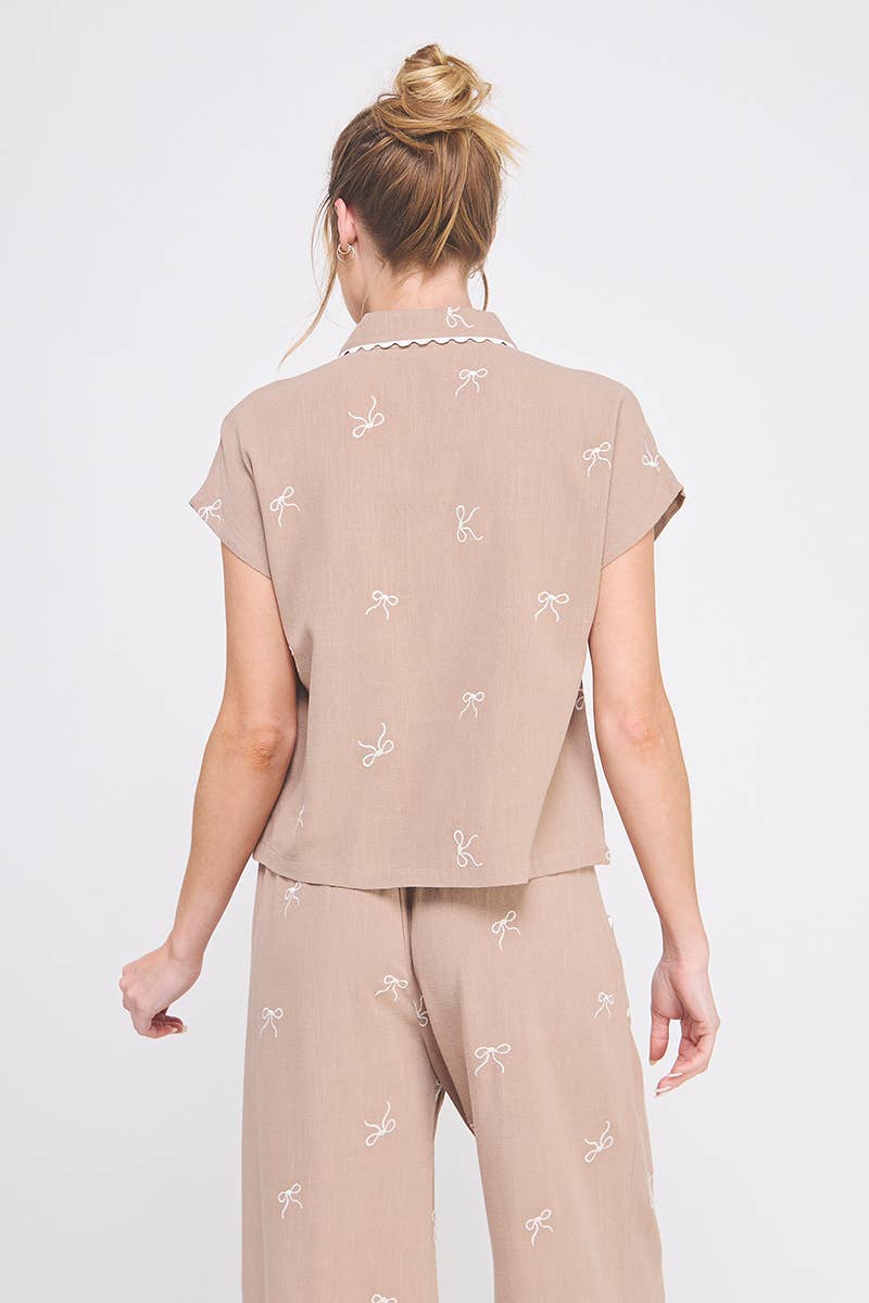 Bow Embroidered Soft Linen Button Down