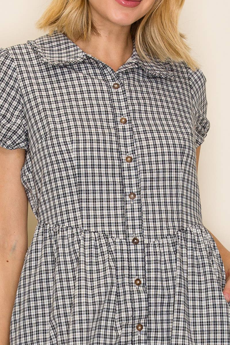 Collared Gingham Button Down Dress: Navy