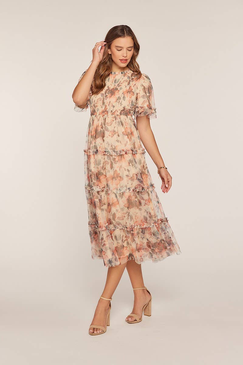 Floral Mesh Tiered Midi Dress