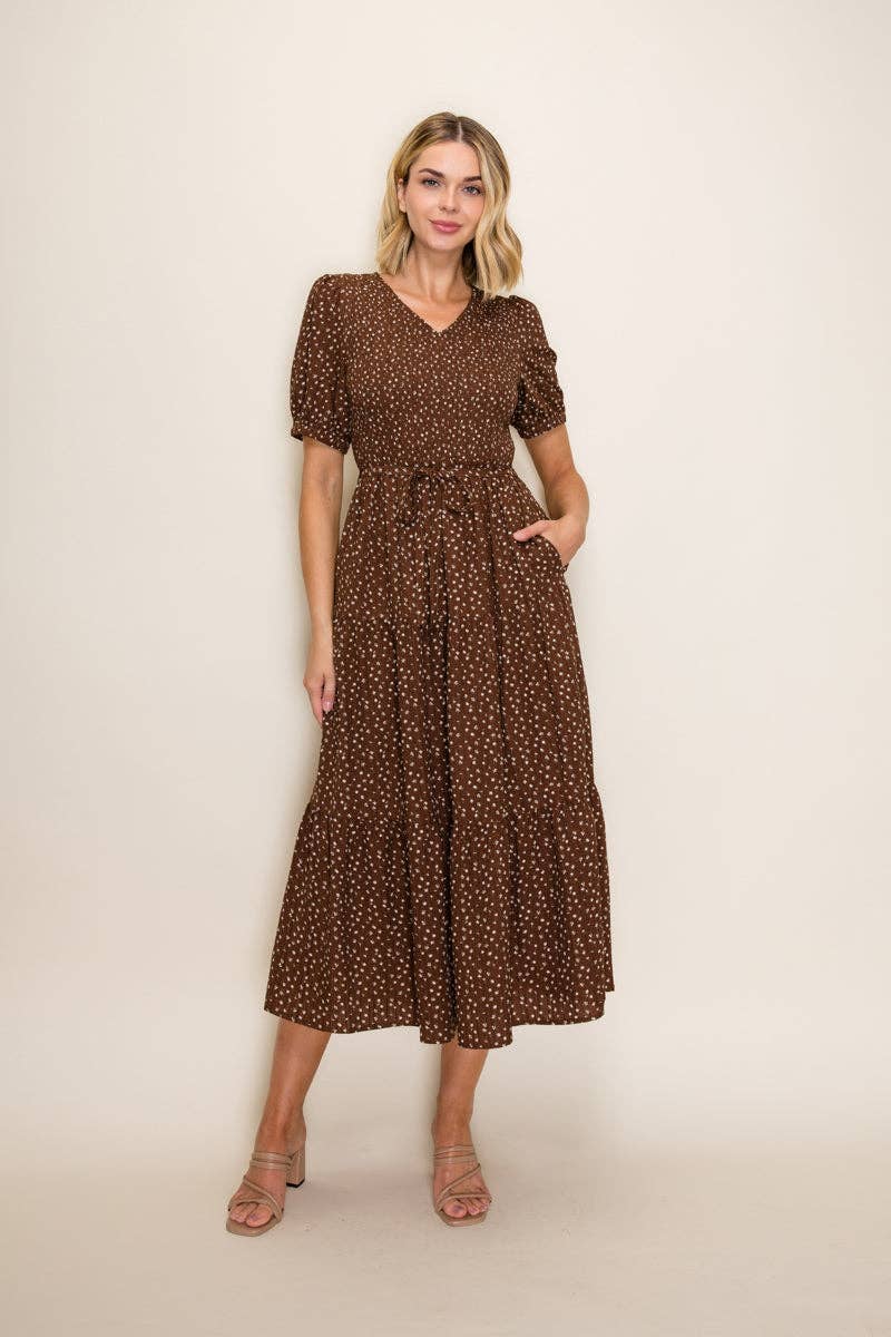 Rustic Tiered Smocked Midi Dress: Brown