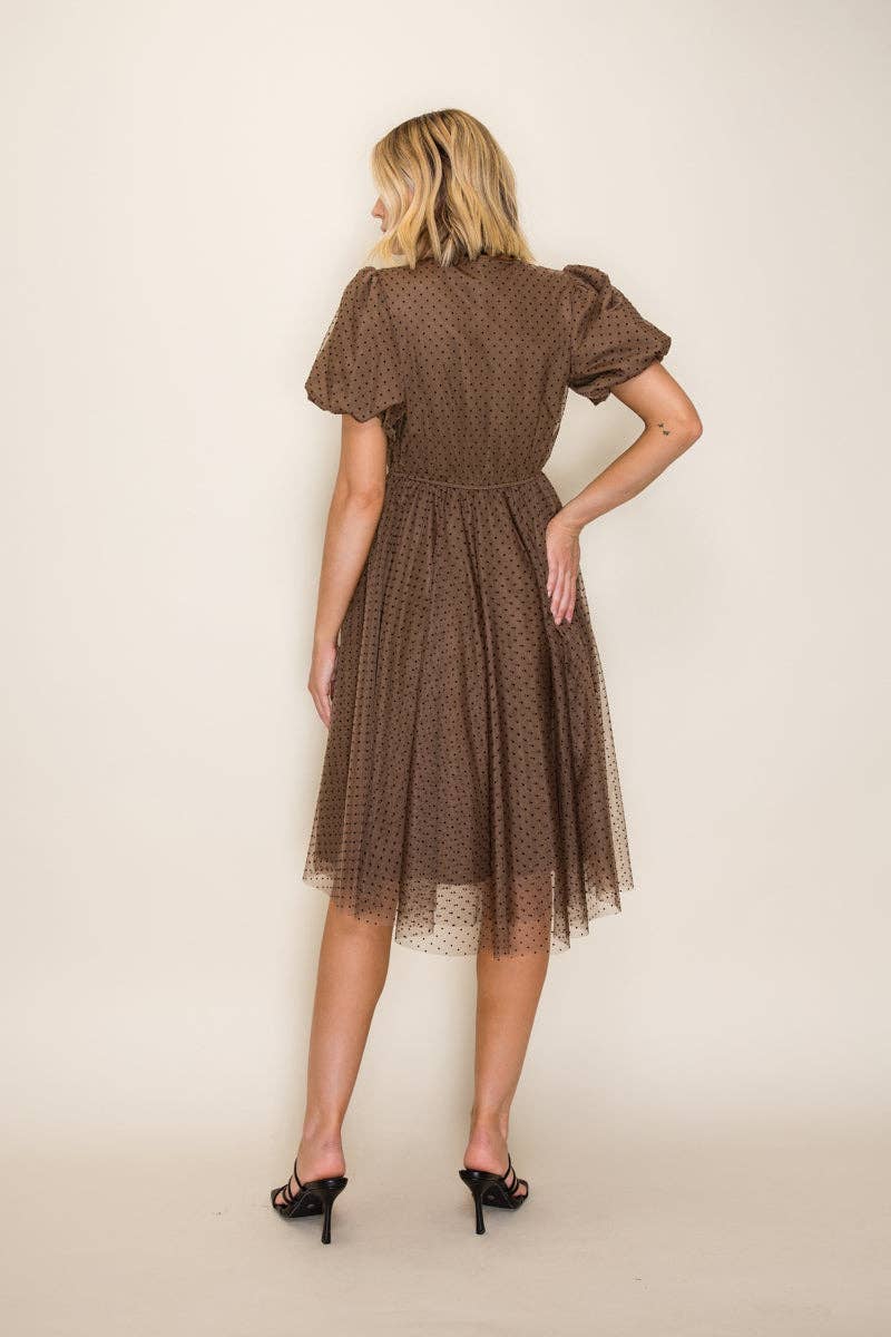 Classic Polka Dot Mesh Midi Dress: Mocha