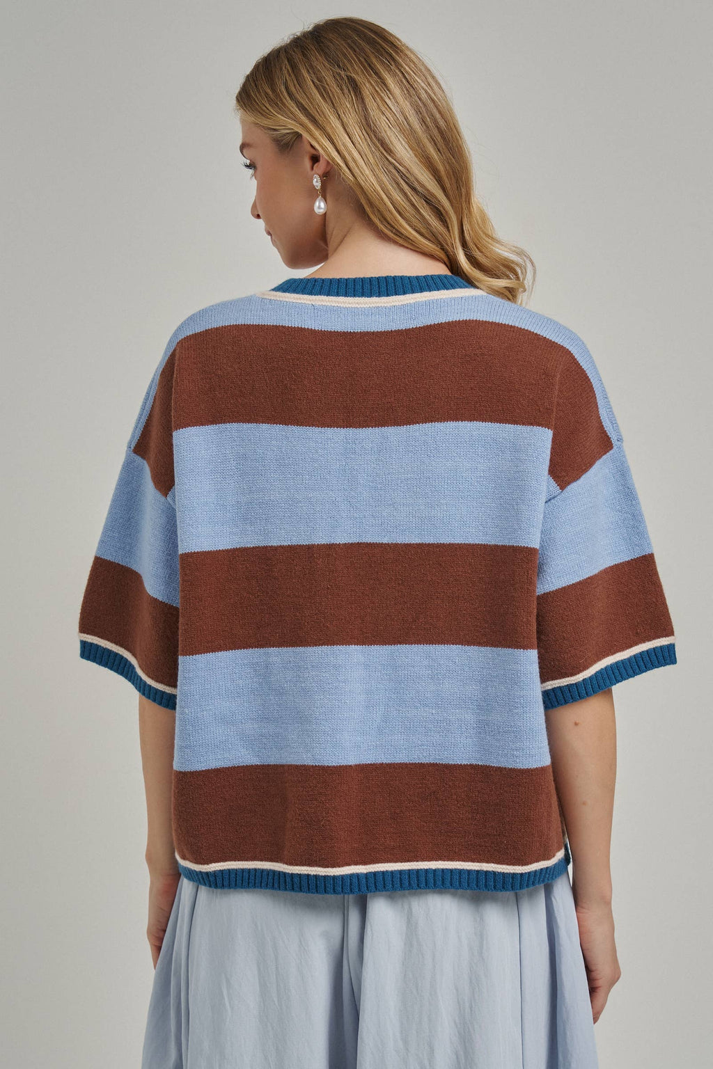 Stripe Loose Fit V-neck Sweater: Blue/Brown