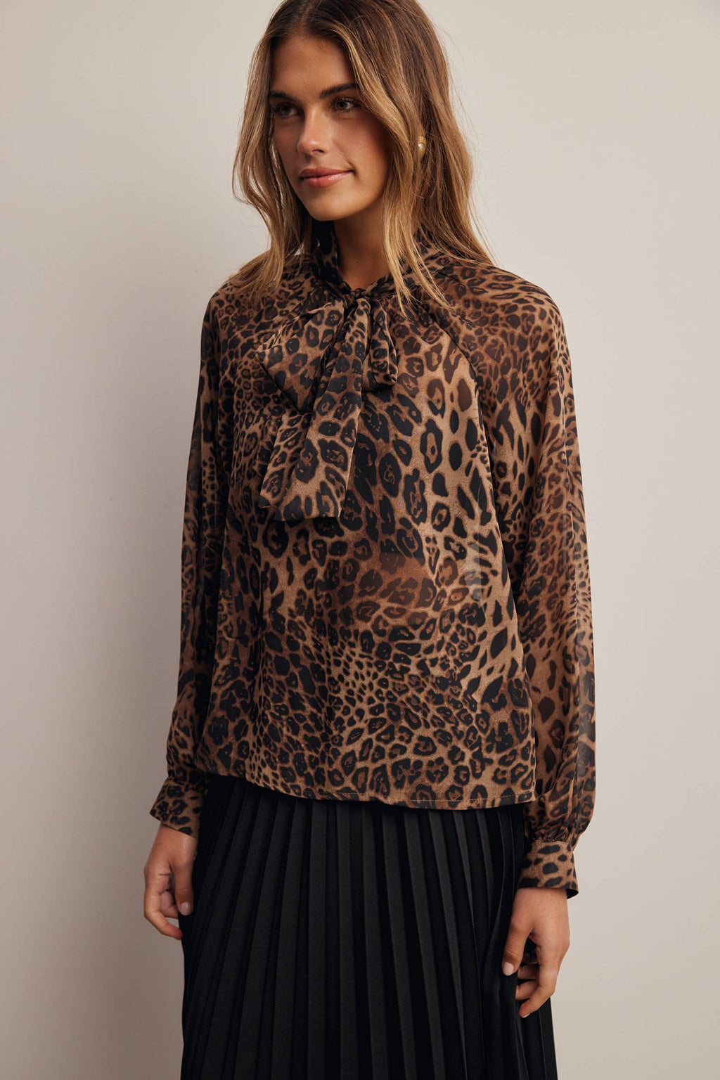 Animal Print Tie Neck Chiffon Blouse