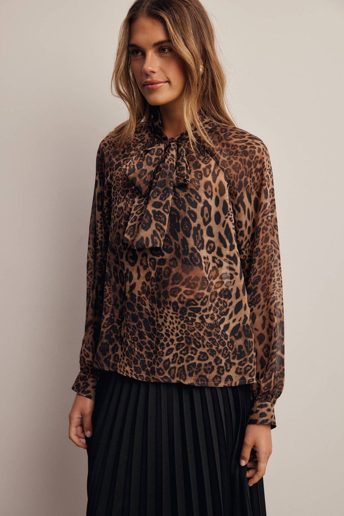 Animal Print Tie Neck Chiffon Blouse