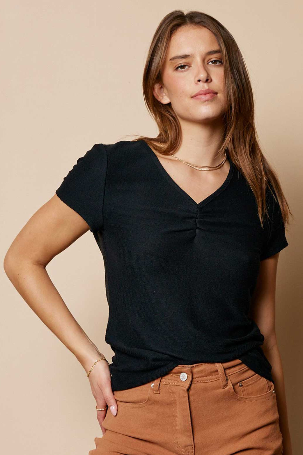 Black Ruched Ribbed V-Neck Top
