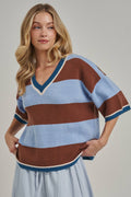 Stripe Loose Fit V-neck Sweater: Blue/Brown