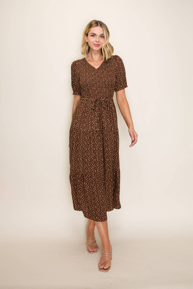 Rustic Tiered Smocked Midi Dress: Brown