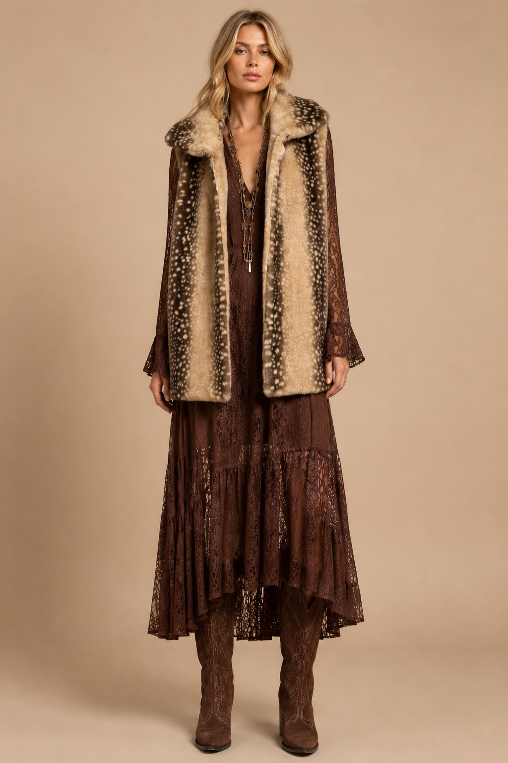 Faux Fawn Longline Plush Vest: BROWN BAMBI