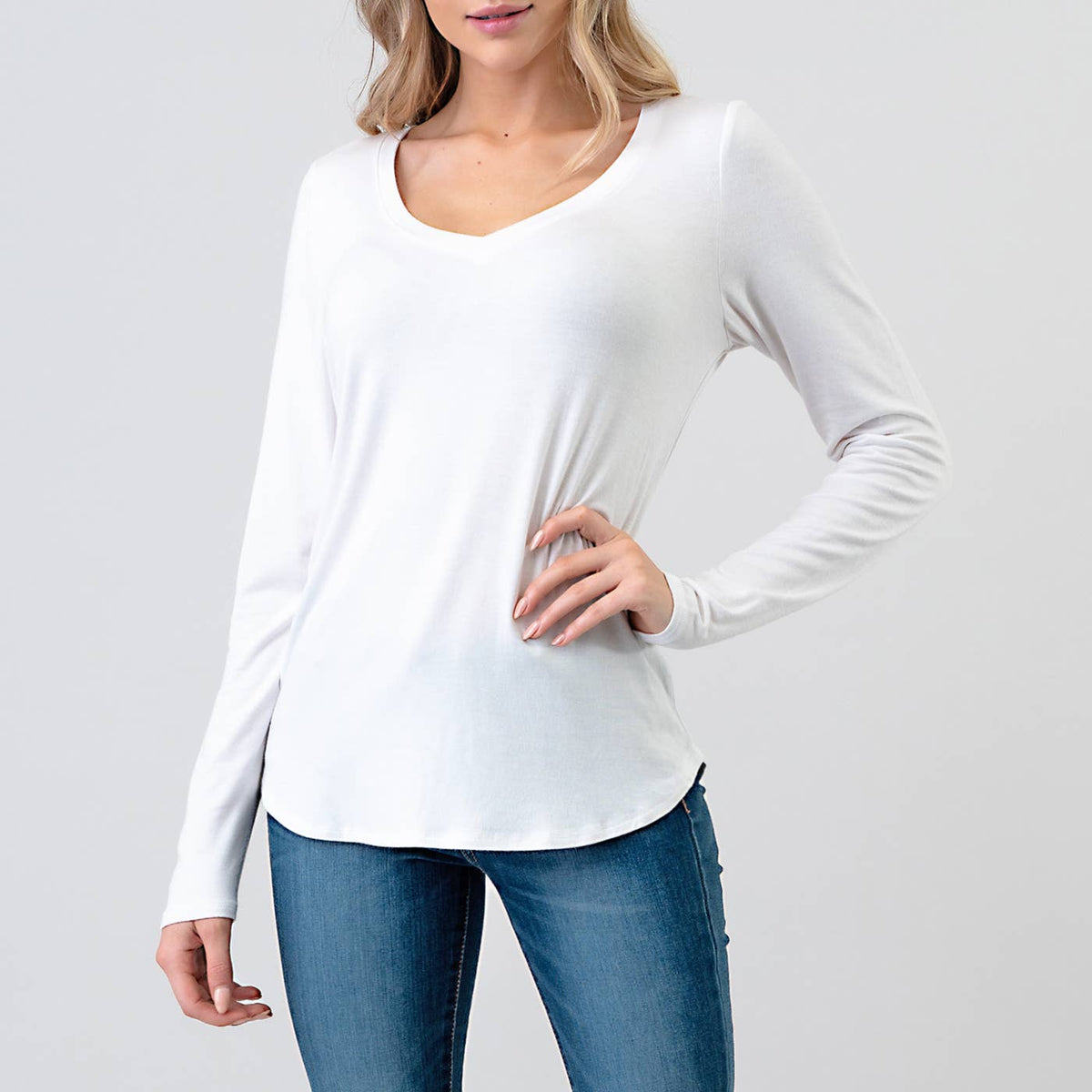 Modal Long Sleeve V-neck: White