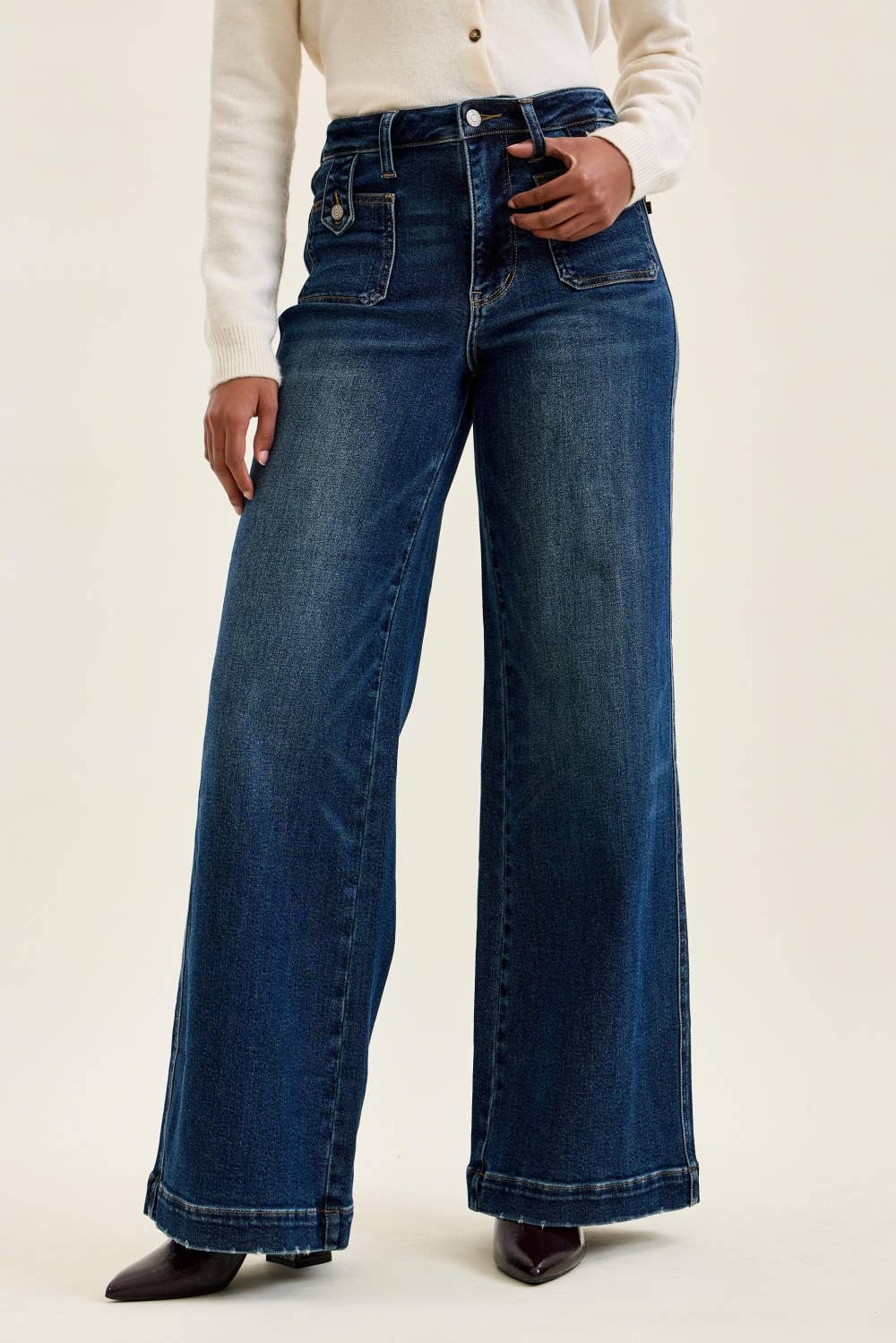 Wide Leg w/ Front Tab Closure Jeans: Fade Indigo