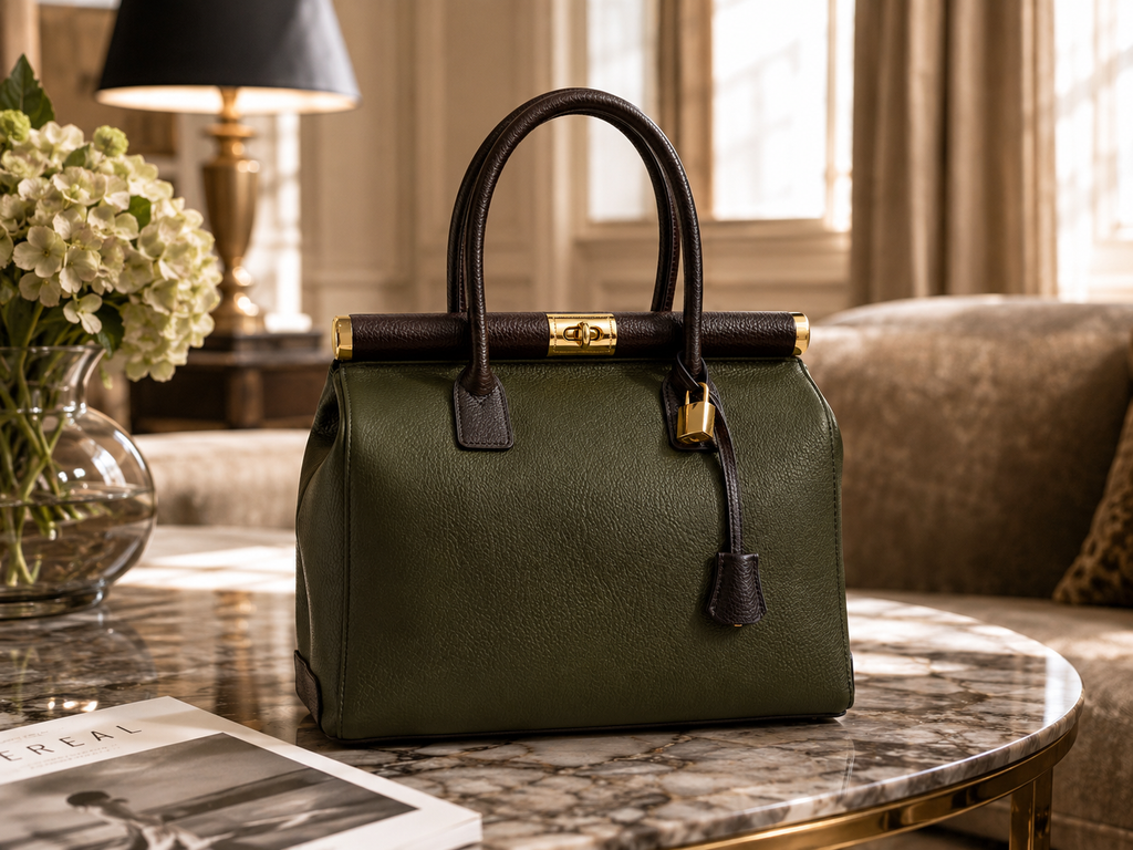 Italian Leather Handbag- Khaki & Dark Brown