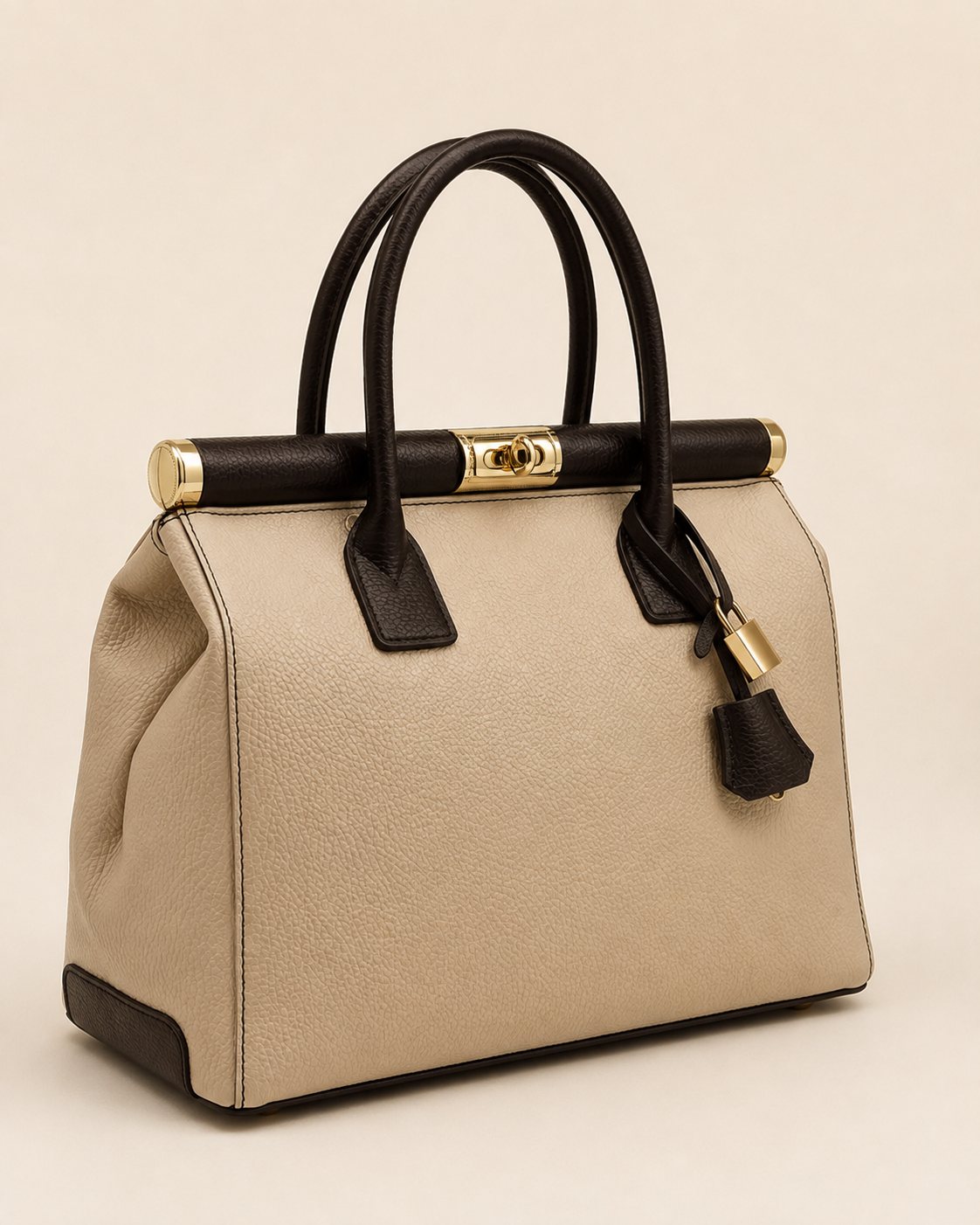 Italian Leather Handbag- Cream & Dark Brown