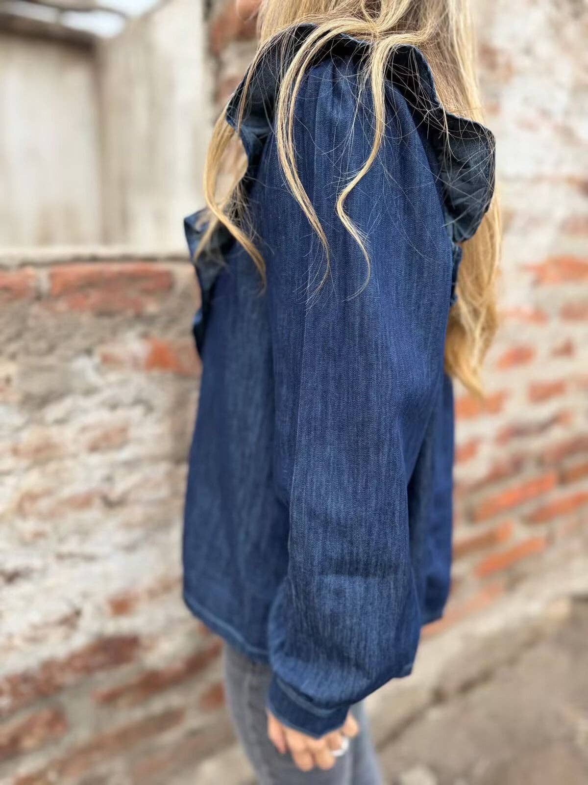 Ruffle Trim Denim Shirt Jacket