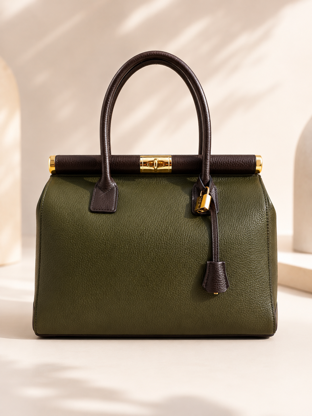 Italian Leather Handbag- Khaki & Dark Brown