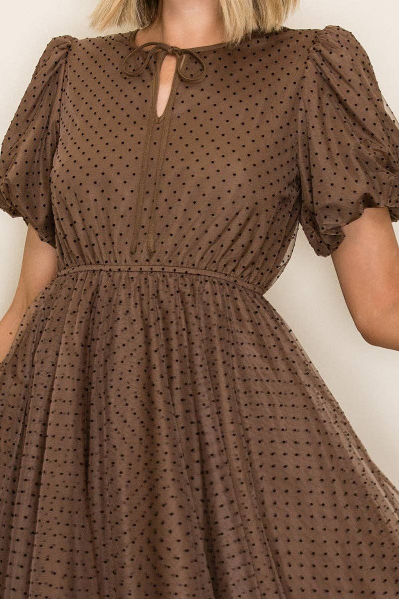Classic Polka Dot Mesh Midi Dress: Mocha