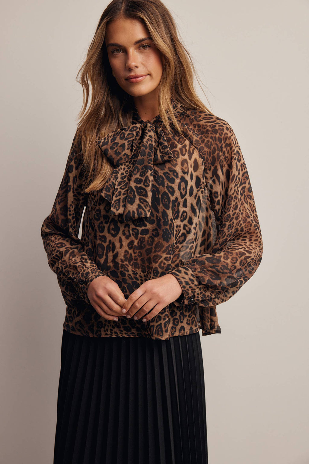 Animal Print Tie Neck Chiffon Blouse