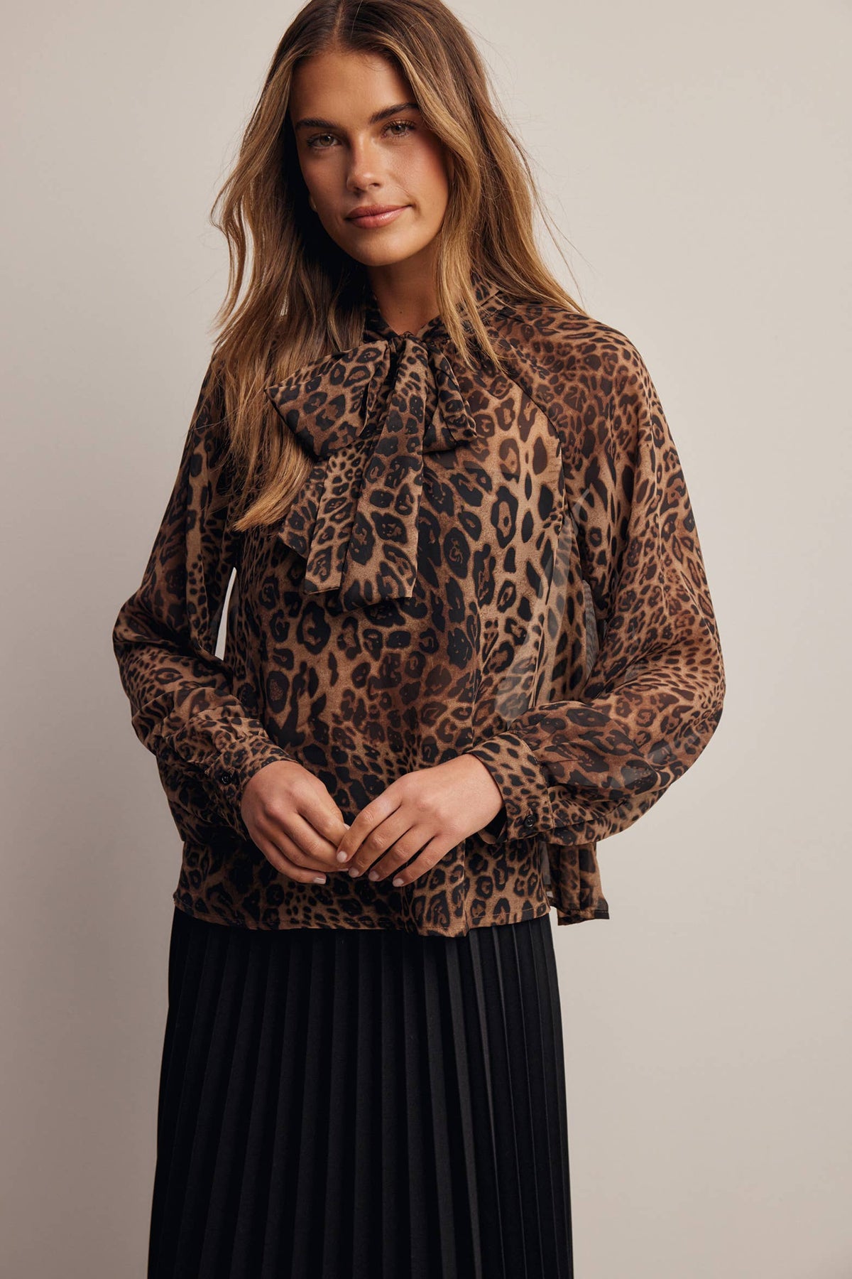 Animal Print Tie Neck Chiffon Blouse